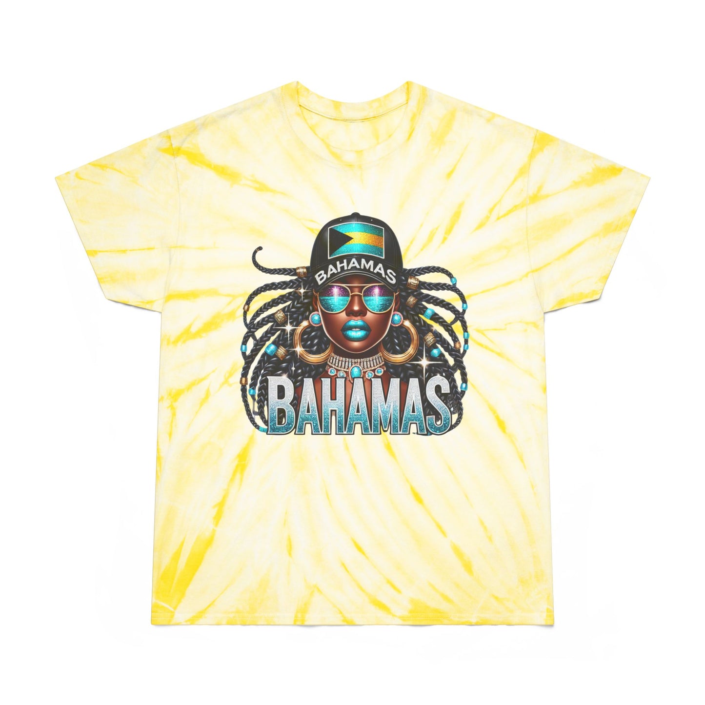 Patriotic Bahamian Woman with Bahamas Flag Design Tie-Dye T Shirt