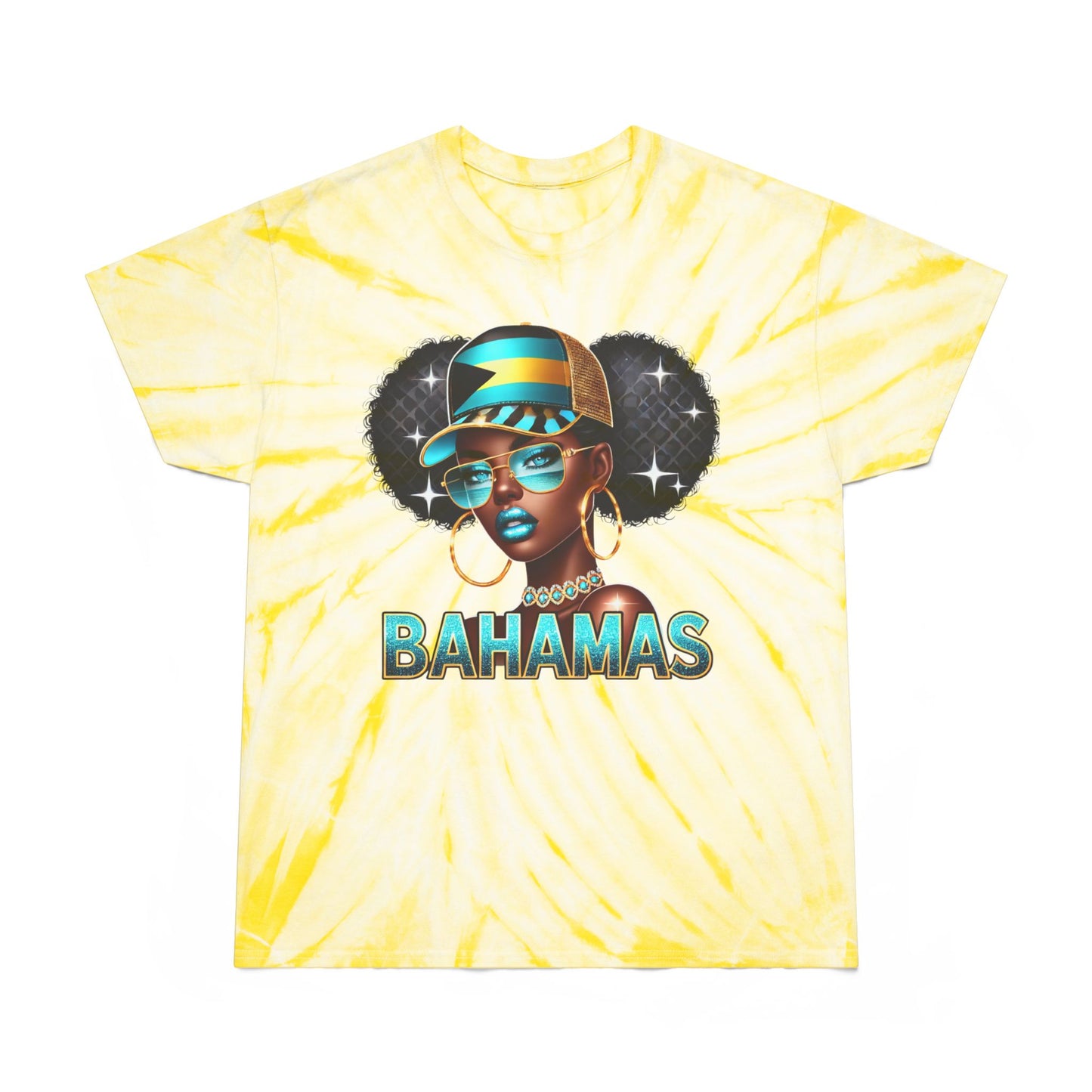 Patriotic Bahamian Woman with Bahamas Flag Design Tie-Dye T Shirt