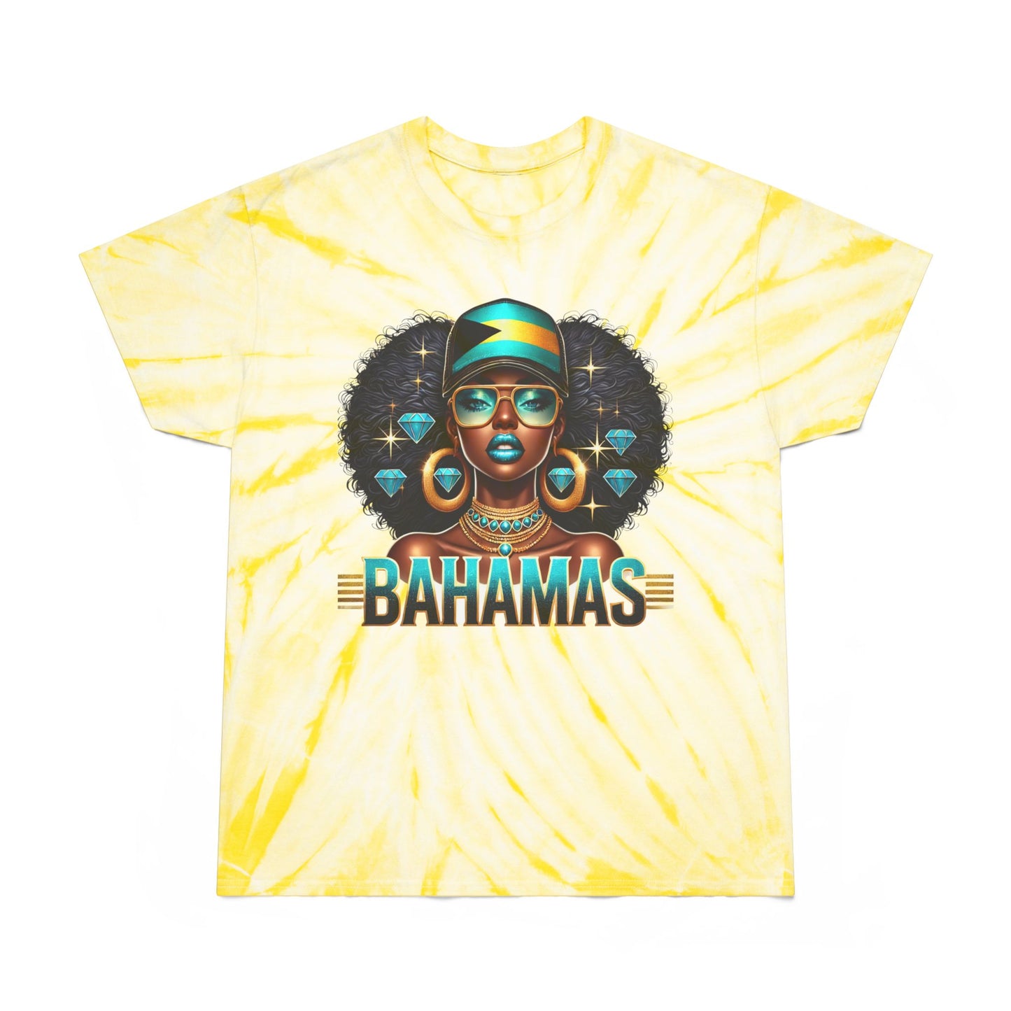 Patriotic Bahamian Woman with Bahamas Flag Design Tie-Dye T Shirt