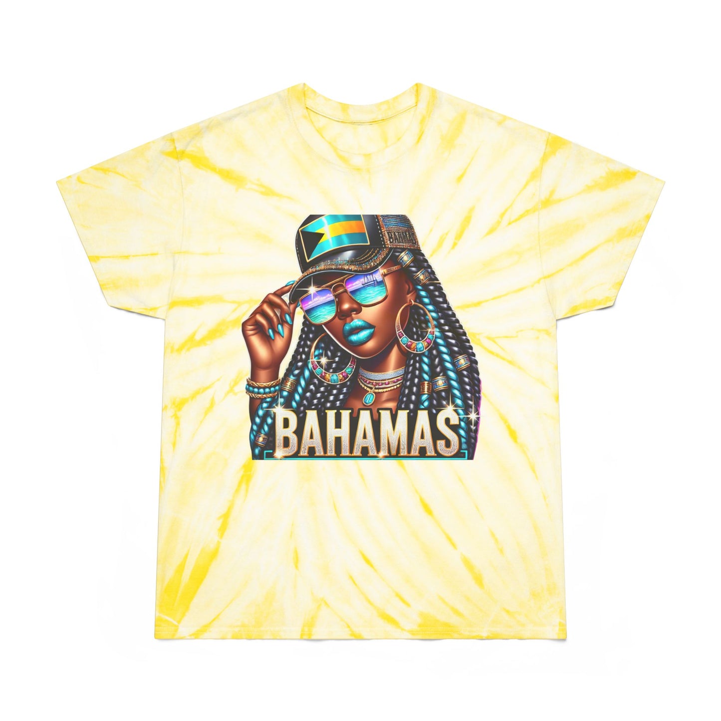 Bahamas Pride Women's Tie Dye T-Shirt – Afrocentric Graphic Tee with Bahamian Flag Baseball Cap