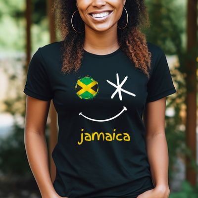 Image of a person stylishly dressed in a Jamaica color T-shirt, radiating the vibrant energy of the Caribbean. The T-shirt, adorned with the national colors of black, green, and gold, is a symbol of Jamaican culture and heritage