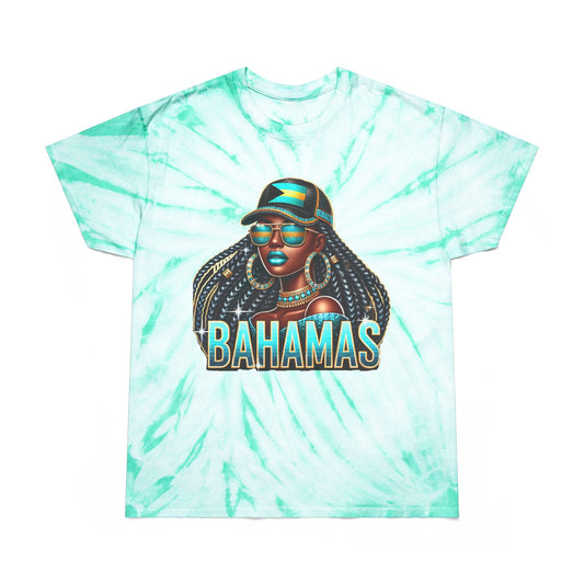 Patriotic Bahamian Woman with Bahamas Flag Design Tie-Dye T Shirt