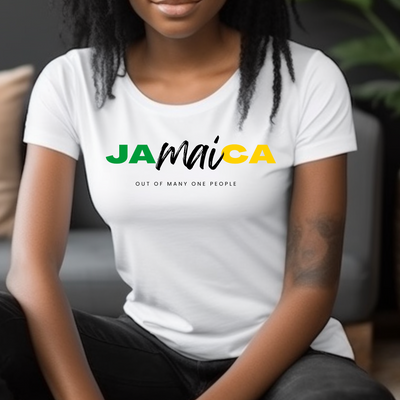Image of a person stylishly dressed in a Jamaica color T-shirt, radiating the vibrant energy of the Caribbean. The T-shirt, adorned with the national colors of black, green, and gold, is a symbol of Jamaican culture and heritage