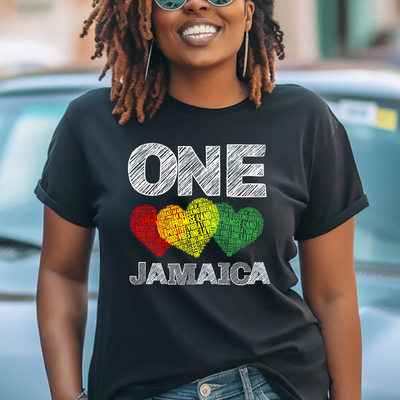 Image of a person wearing a Jamaica color T-shirt, showcasing the vibrant black, green, and gold colors that represent the strength, lush vegetation, and sunshine of the island. The T-shirt serves as a symbol of Jamaican culture and heritage