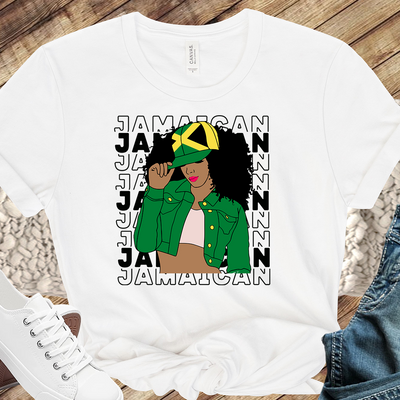 Image of a person wearing a Jamaica color T-shirt, showcasing the vibrant black, green, and gold colors that represent the strength, lush vegetation, and sunshine of the island. The T-shirt serves as a symbol of Jamaican culture and heritage.