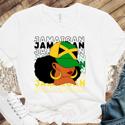 Image of a person wearing a Jamaica color T-shirt, showcasing the vibrant black, green, and gold colors that represent the strength, lush vegetation, and sunshine of the island. The T-shirt serves as a symbol of Jamaican culture and heritage.