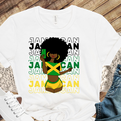 mage of a person wearing a Jamaica color T-shirt, showcasing the vibrant black, green, and gold colors that represent the strength, lush vegetation, and sunshine of the island. The T-shirt serves as a symbol of Jamaican culture and heritage
