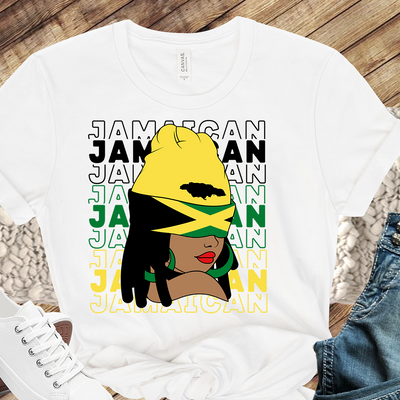 Image of a person wearing a Jamaica color T-shirt, showcasing the vibrant black, green, and gold colors that represent the strength, lush vegetation, and sunshine of the island. The T-shirt serves as a symbol of Jamaican culture and heritage.