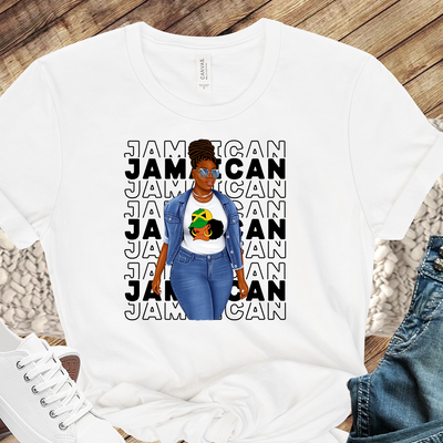 Image of a person wearing a Jamaica color T-shirt, showcasing the vibrant black, green, and gold colors that represent the strength, lush vegetation, and sunshine of the island. The T-shirt serves as a symbol of Jamaican culture and heritage.