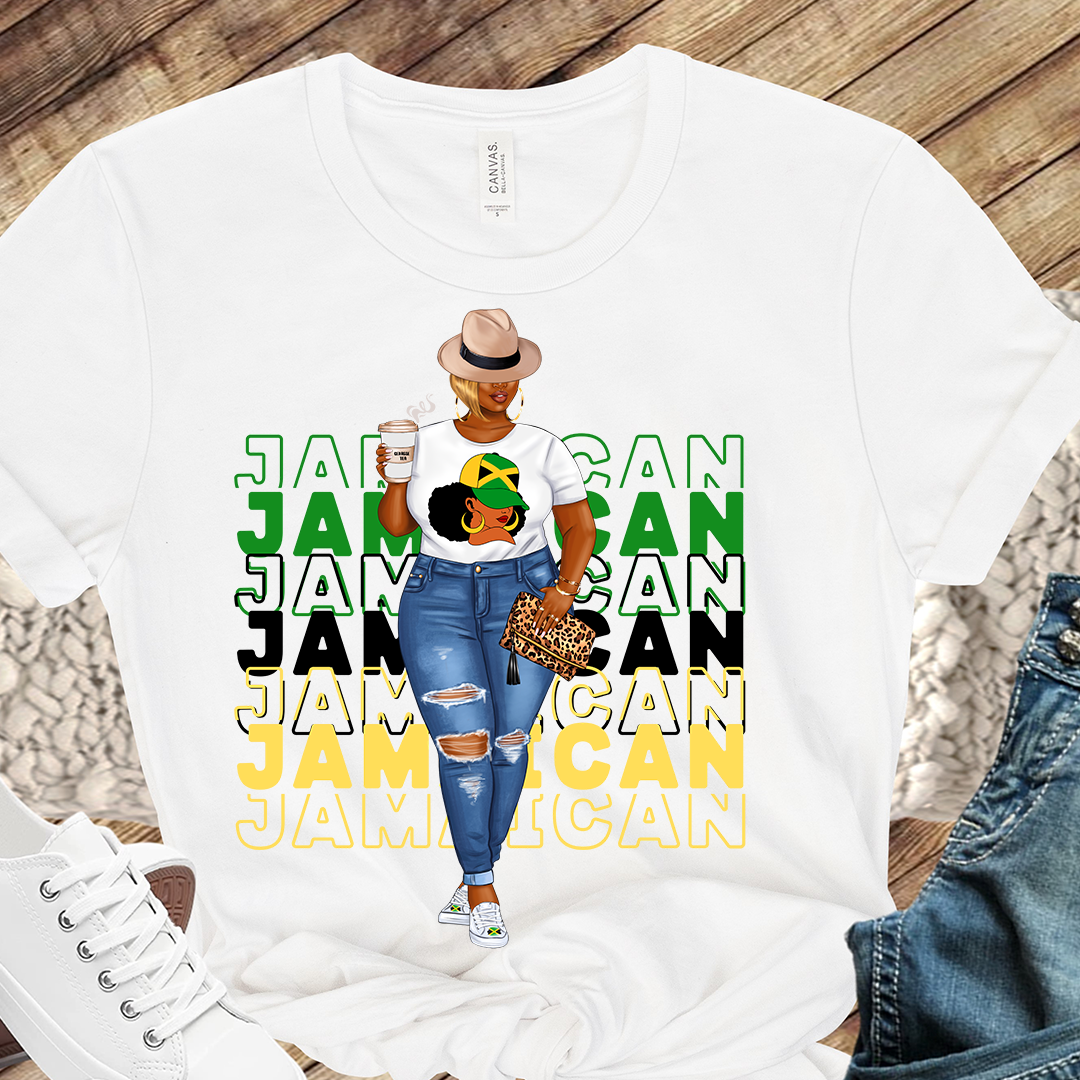 Image of a person wearing a Jamaica color T-shirt, showcasing the vibrant black, green, and gold colors that represent the strength, lush vegetation, and sunshine of the island. The T-shirt serves as a symbol of Jamaican culture and heritage.